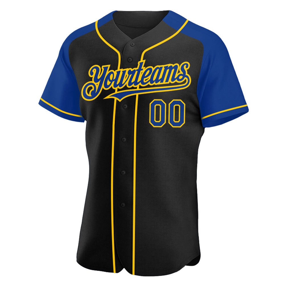 Custom Black Royal-Yellow Authentic Raglan Sleeves Baseball Jersey baseball jersey product view 2