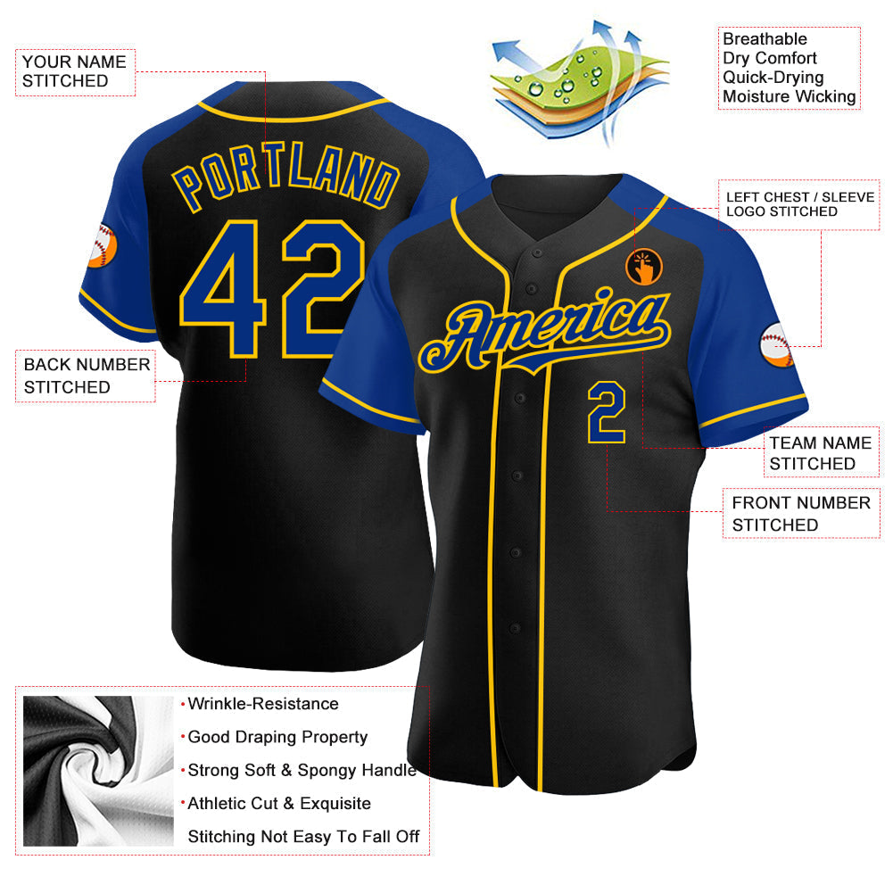 Custom Black Royal-Yellow Authentic Raglan Sleeves Baseball Jersey baseball jersey product view 3