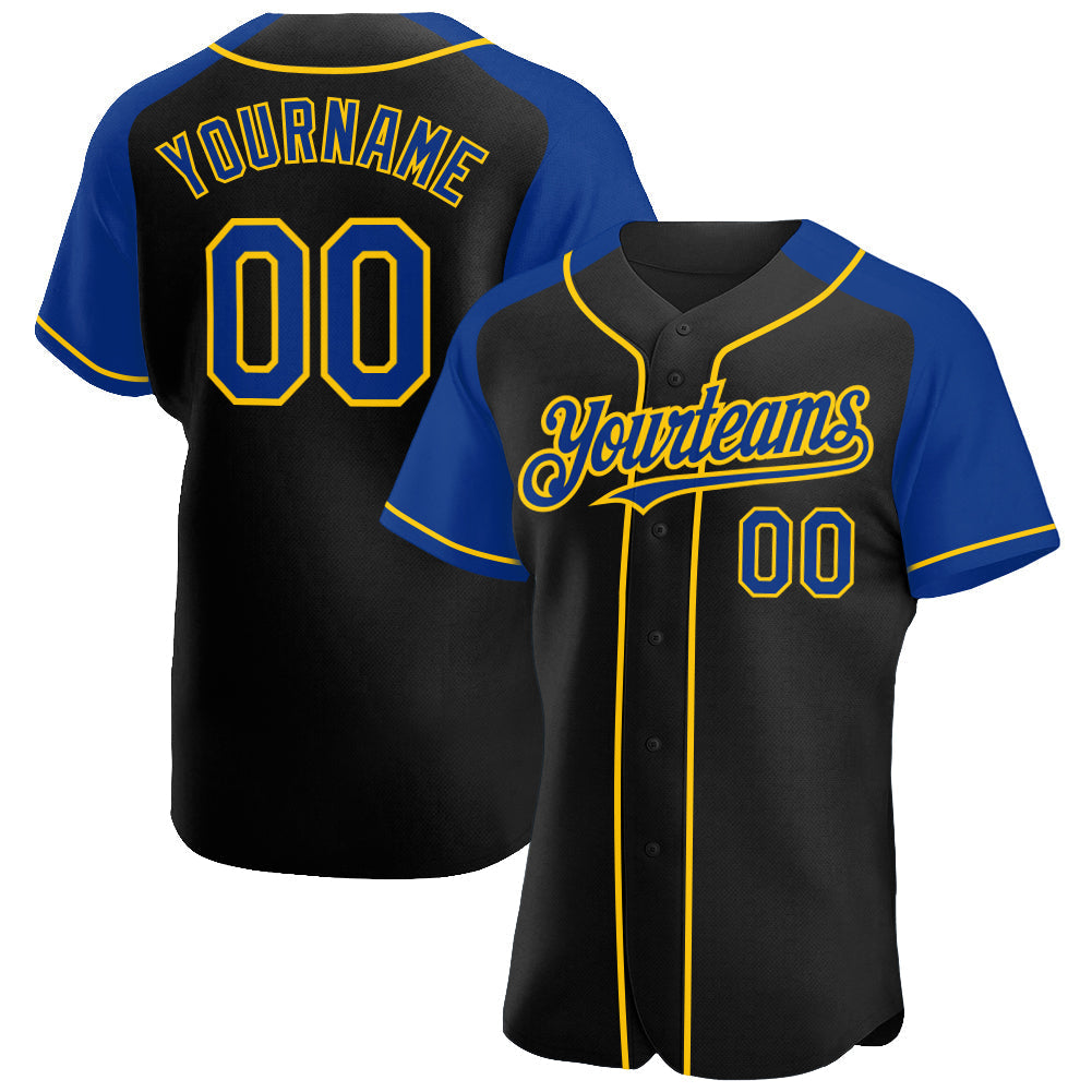 Custom Black Royal-Yellow Authentic Raglan Sleeves Baseball Jersey baseball jersey product view 1