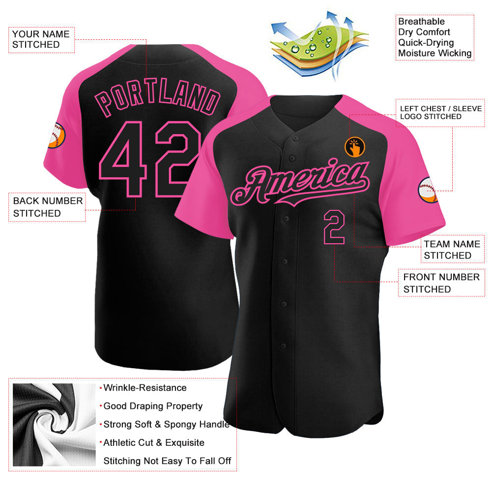 Custom Black Pink Authentic Raglan Sleeves Baseball Jersey baseball jersey product view 3