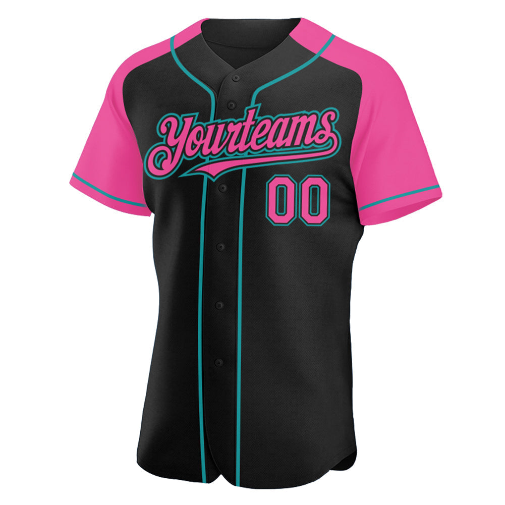 Custom Black Pink-Teal Authentic Raglan Sleeves Baseball Jersey baseball jersey product view 2