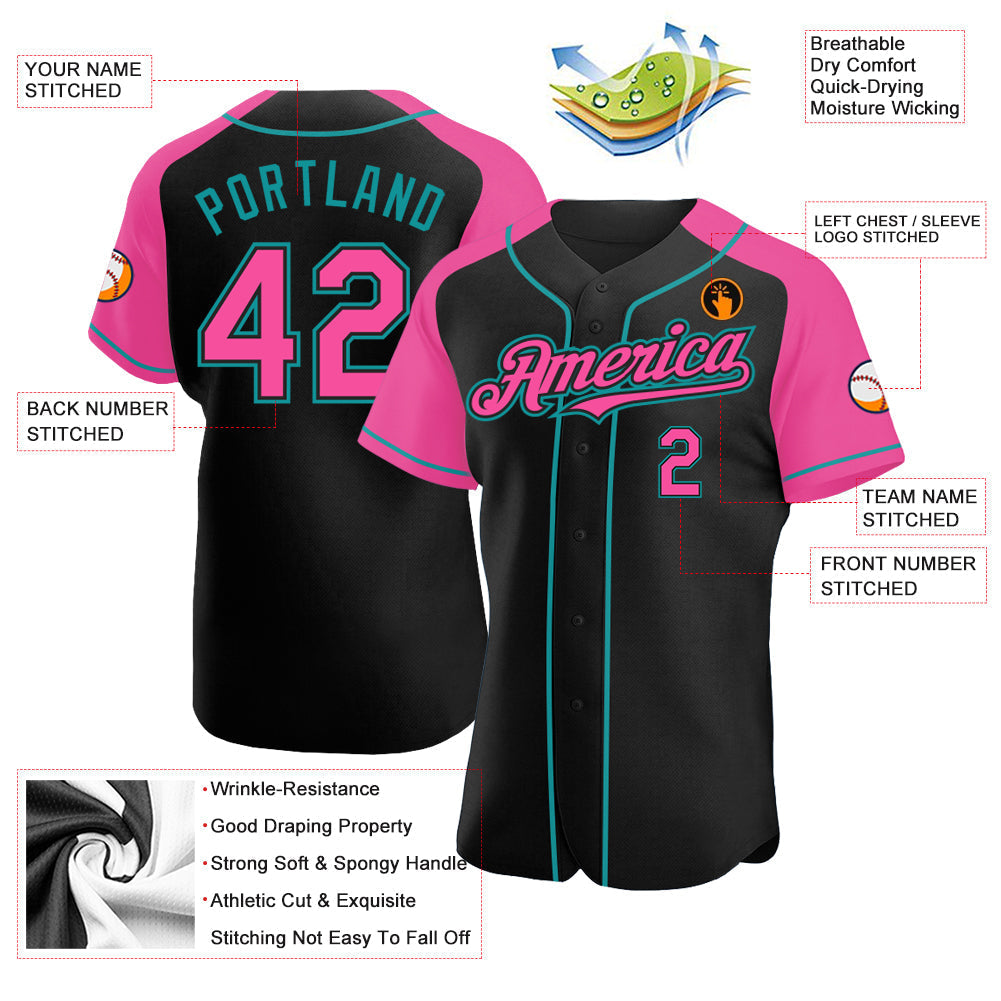 Custom Black Pink-Teal Authentic Raglan Sleeves Baseball Jersey baseball jersey product view 3