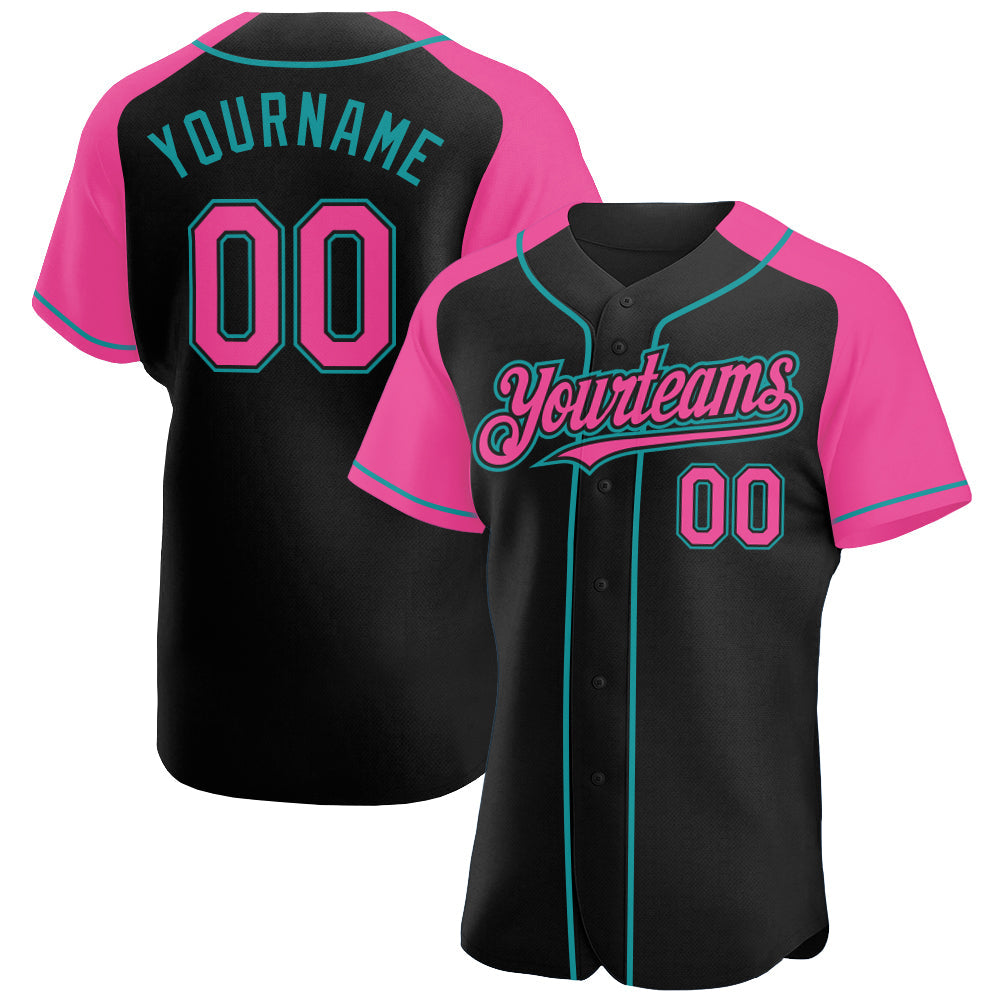 Custom Black Pink-Teal Authentic Raglan Sleeves Baseball Jersey baseball jersey product view 1