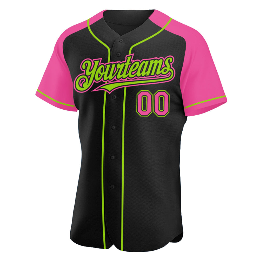 Custom Black Pink-Neon Green Authentic Raglan Sleeves Baseball Jersey baseball jersey product view 2