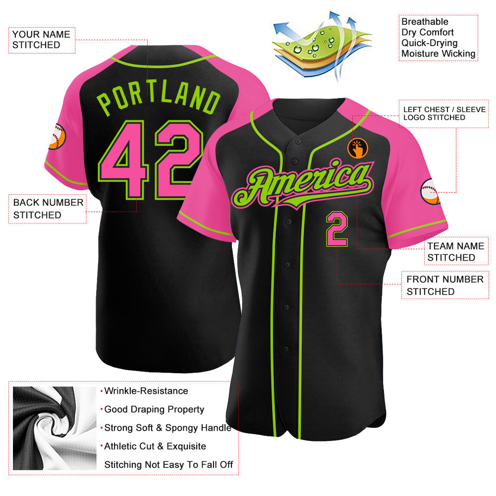 Custom Black Pink-Neon Green Authentic Raglan Sleeves Baseball Jersey baseball jersey product view 3