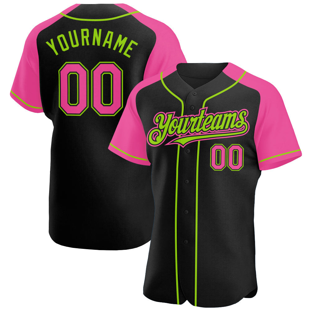 Custom Black Pink-Neon Green Authentic Raglan Sleeves Baseball Jersey baseball jersey product view 1