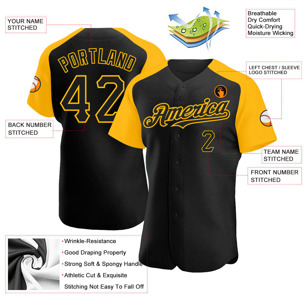 Custom Black Gold Authentic Raglan Sleeves Baseball Jersey baseball jersey product view 3