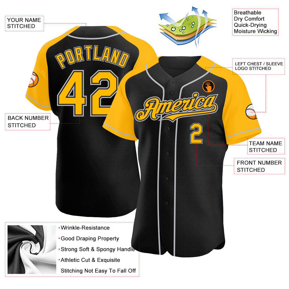 Custom Black Gold-Gray Authentic Raglan Sleeves Baseball Jersey baseball jersey product view 3