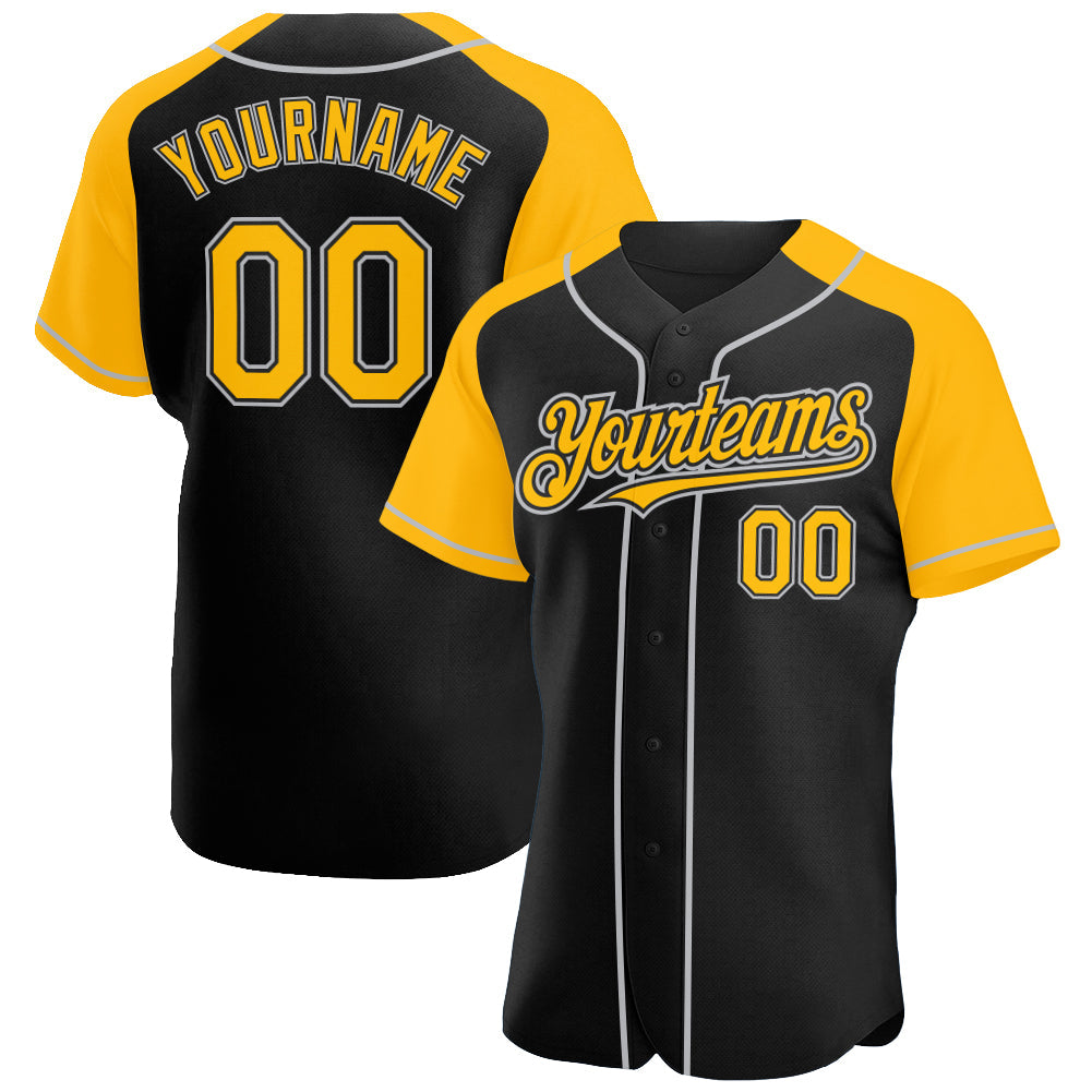 Custom Black Gold-Gray Authentic Raglan Sleeves Baseball Jersey baseball jersey product view 1