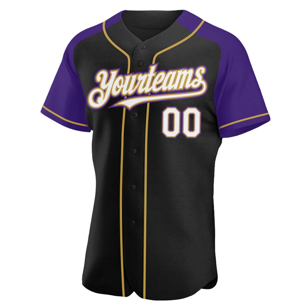Custom Black White Purple-Old Gold Authentic Raglan Sleeves Baseball Jersey baseball jersey product view 2