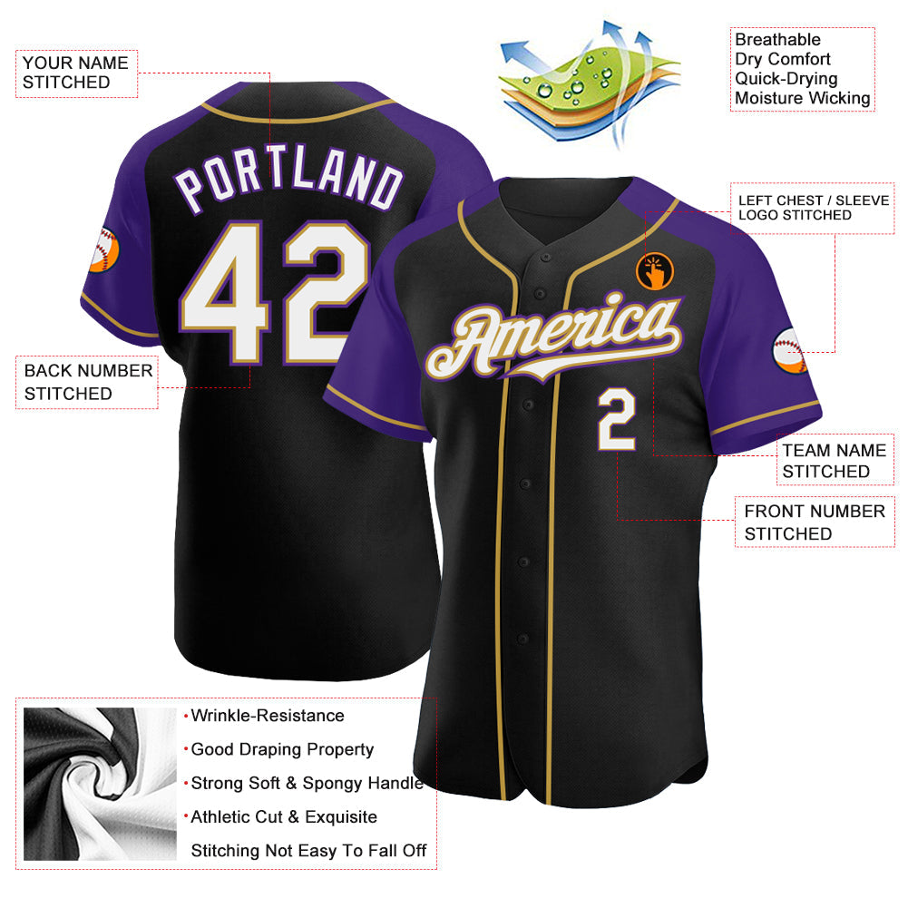 Custom Black White Purple-Old Gold Authentic Raglan Sleeves Baseball Jersey baseball jersey product view 3