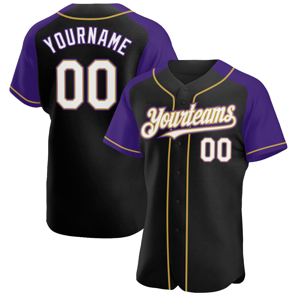 Custom Black White Purple-Old Gold Authentic Raglan Sleeves Baseball Jersey baseball jersey product view 1