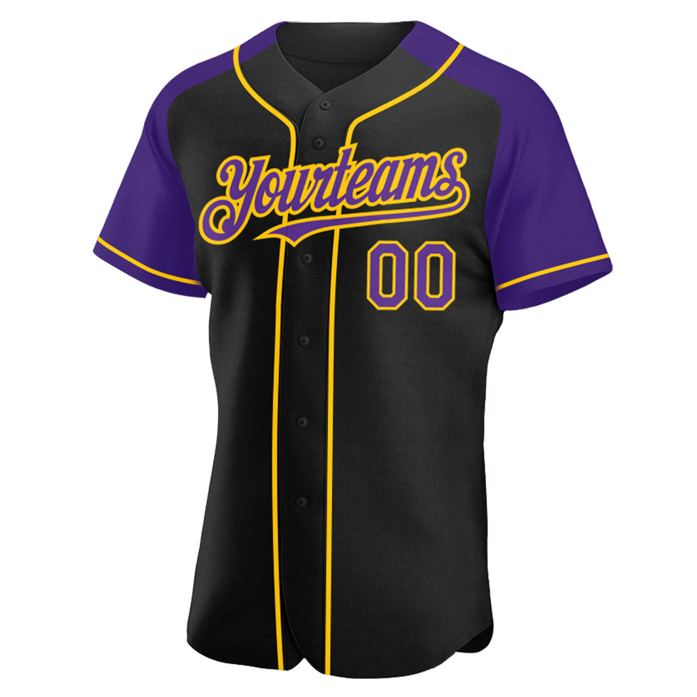 Custom Black Purple-Yellow Authentic Raglan Sleeves Baseball Jersey baseball jersey product view 2