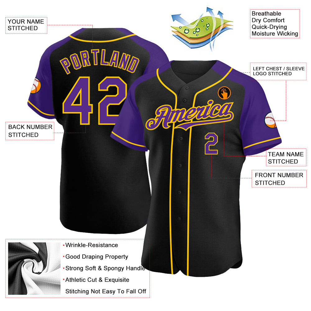 Custom Black Purple-Yellow Authentic Raglan Sleeves Baseball Jersey baseball jersey product view 3