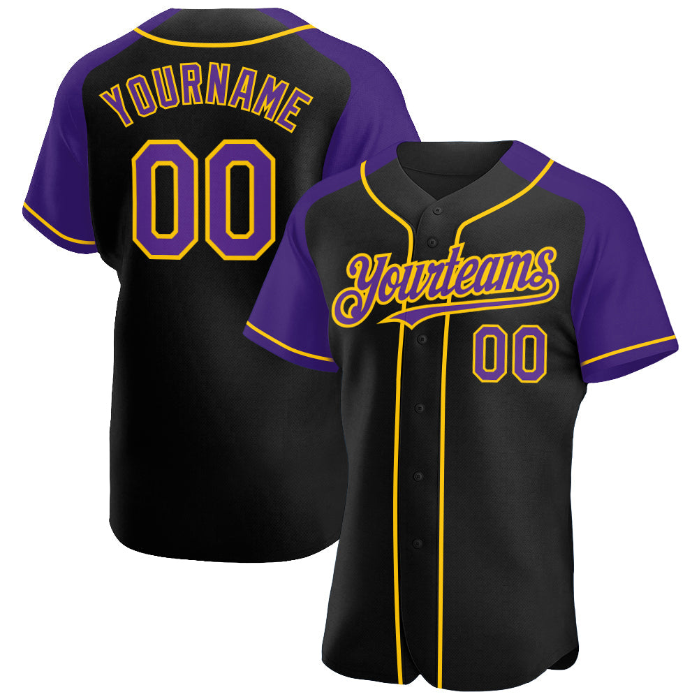 Custom Black Purple-Yellow Authentic Raglan Sleeves Baseball Jersey baseball jersey product view 1