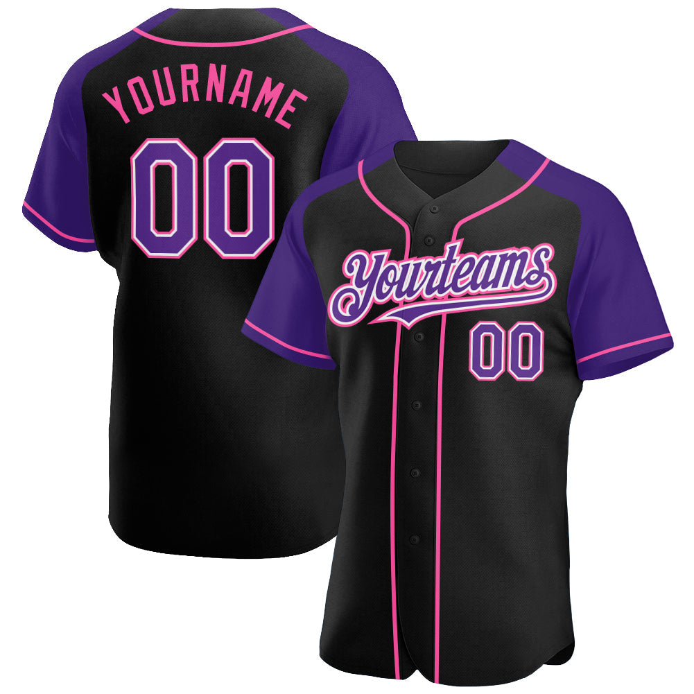 Custom Black Purple-Pink Authentic Raglan Sleeves Baseball Jersey baseball jersey product view 1