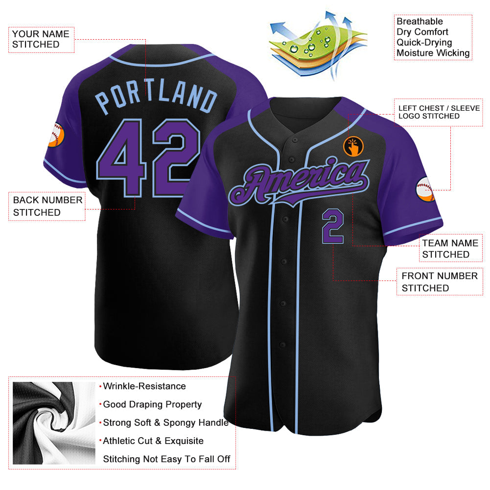 Custom Black Purple-Light Blue Authentic Raglan Sleeves Baseball Jersey baseball jersey product view 3