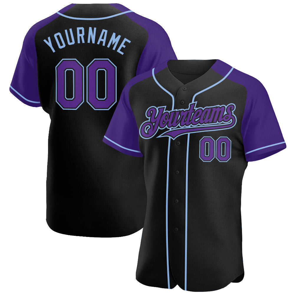Custom Black Purple-Light Blue Authentic Raglan Sleeves Baseball Jersey baseball jersey product view 1