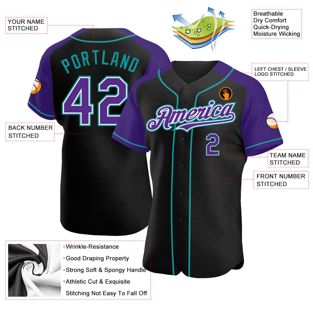 Custom Black Purple-Teal Authentic Raglan Sleeves Baseball Jersey baseball jersey product view 3