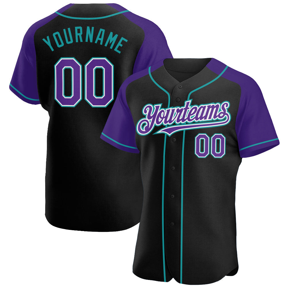 Custom Black Purple-Teal Authentic Raglan Sleeves Baseball Jersey baseball jersey product view 1