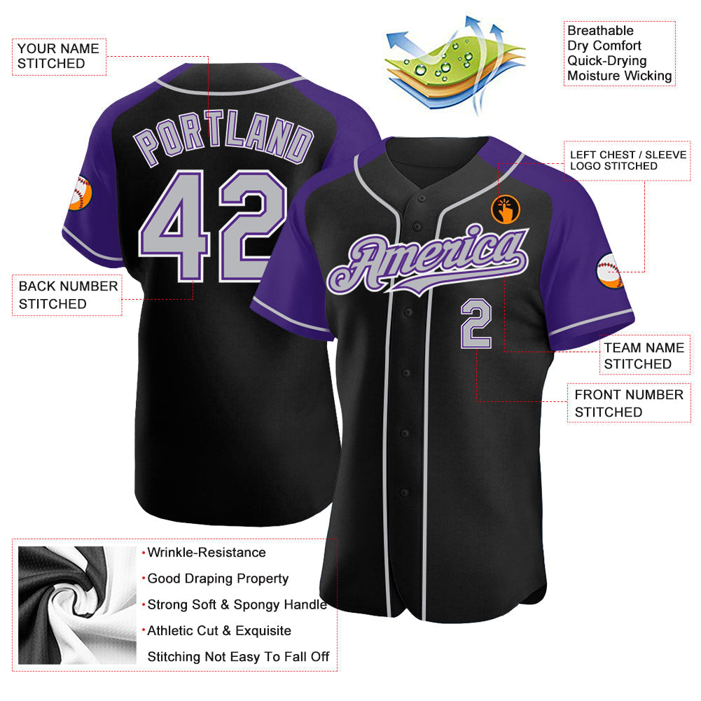 Custom Black Gray-Purple Authentic Raglan Sleeves Baseball Jersey baseball jersey product view 3
