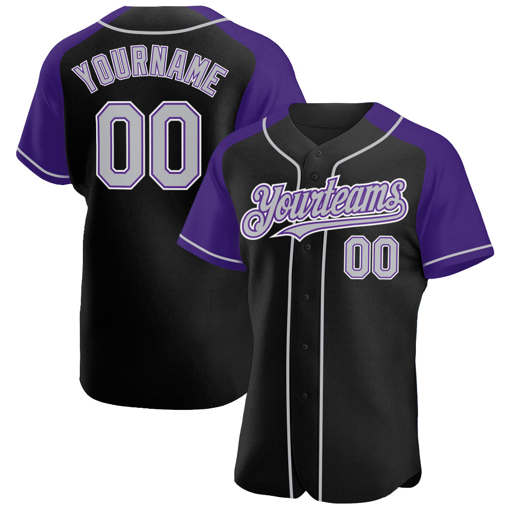 Custom Black Gray-Purple Authentic Raglan Sleeves Baseball Jersey baseball jersey product view 1