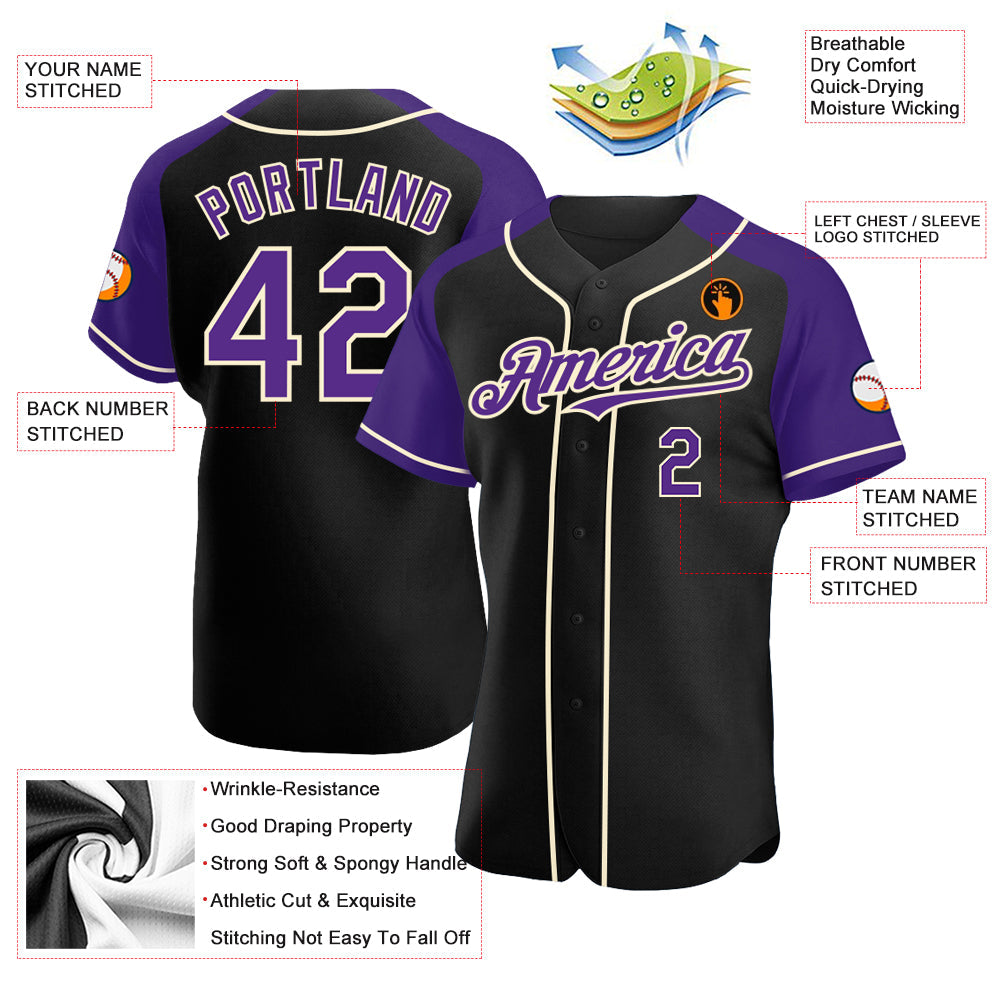 Custom Black Purple-Cream Authentic Raglan Sleeves Baseball Jersey baseball jersey product view 3