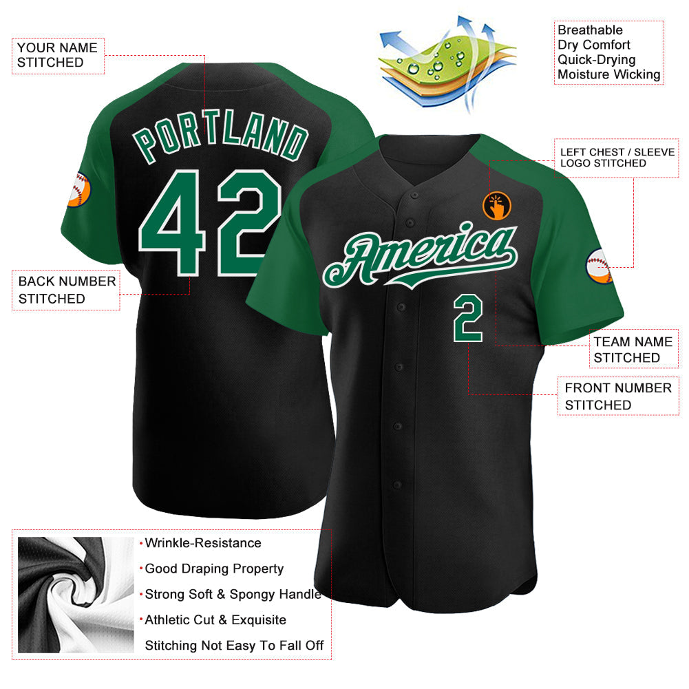 Custom Black Kelly Green-White Authentic Raglan Sleeves Baseball Jersey baseball jersey product view 3