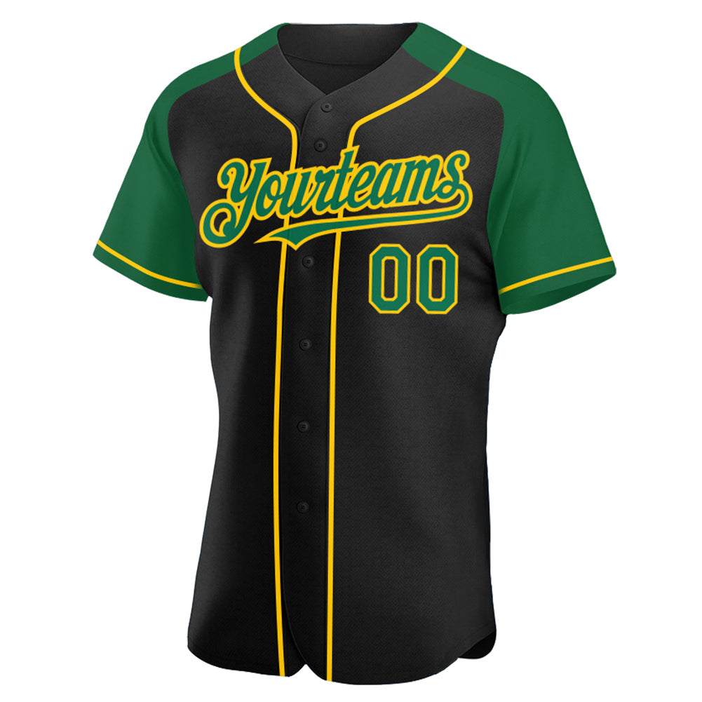 Custom Black Kelly Green-Yellow Authentic Raglan Sleeves Baseball Jersey baseball jersey product view 2