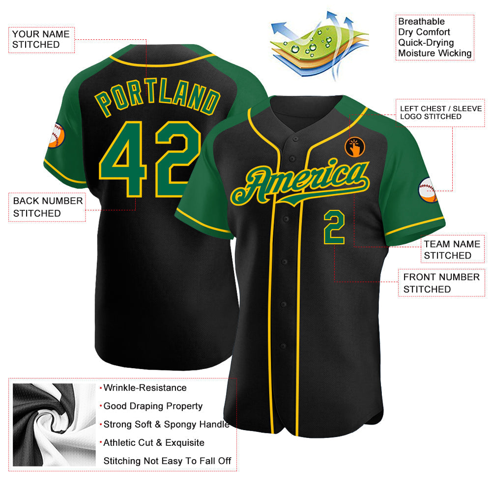 Custom Black Kelly Green-Yellow Authentic Raglan Sleeves Baseball Jersey baseball jersey product view 3