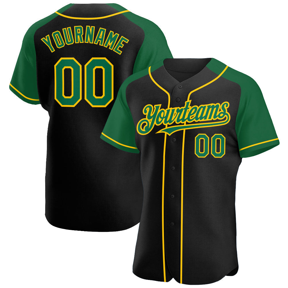 Custom Black Kelly Green-Yellow Authentic Raglan Sleeves Baseball Jersey baseball jersey product view 1