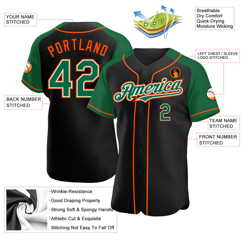 Custom Black Kelly Green-Orange Authentic Raglan Sleeves Baseball Jersey baseball jersey product view 3