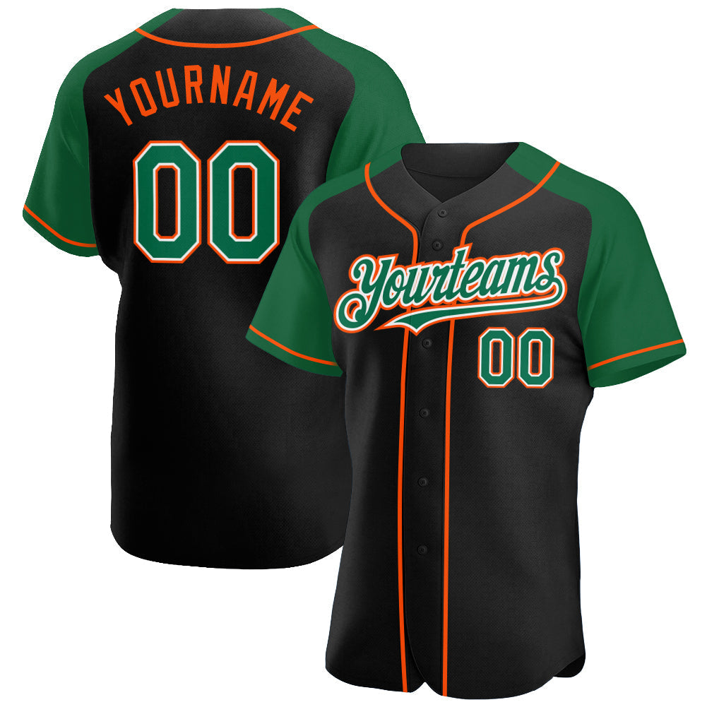 Custom Black Kelly Green-Orange Authentic Raglan Sleeves Baseball Jersey baseball jersey product view 1