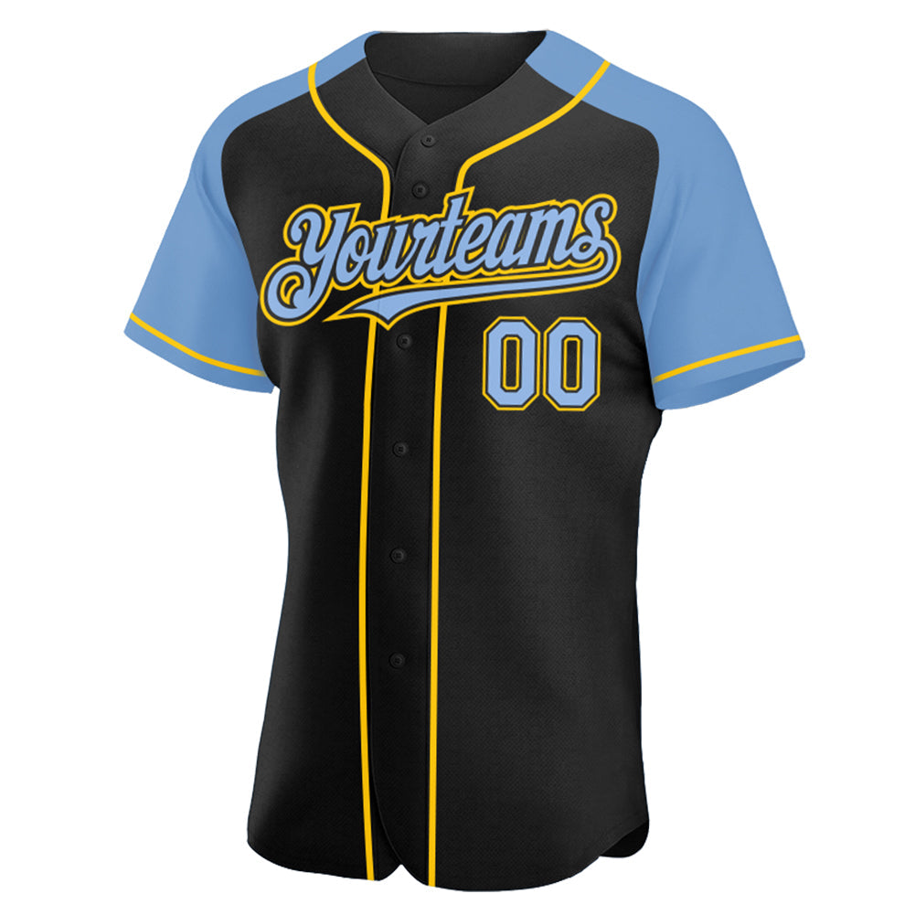 Custom Black Light Blue-Yellow Authentic Raglan Sleeves Baseball Jersey baseball jersey product view 2