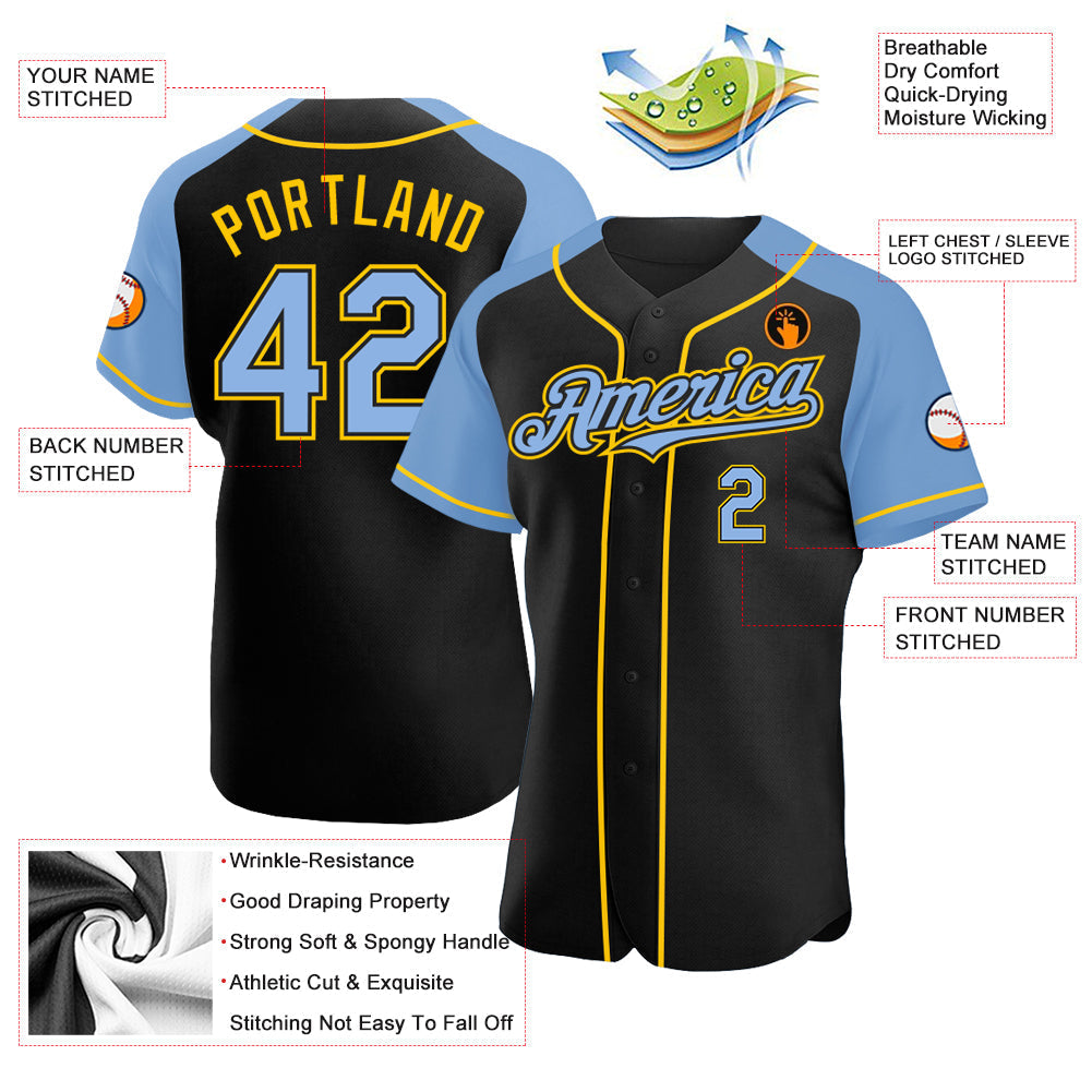 Custom Black Light Blue-Yellow Authentic Raglan Sleeves Baseball Jersey baseball jersey product view 3