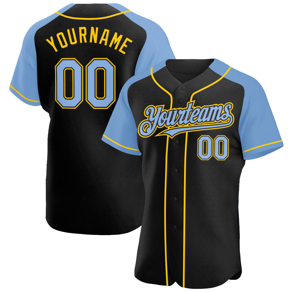 Custom Black Light Blue-Yellow Authentic Raglan Sleeves Baseball Jersey baseball jersey product view 1