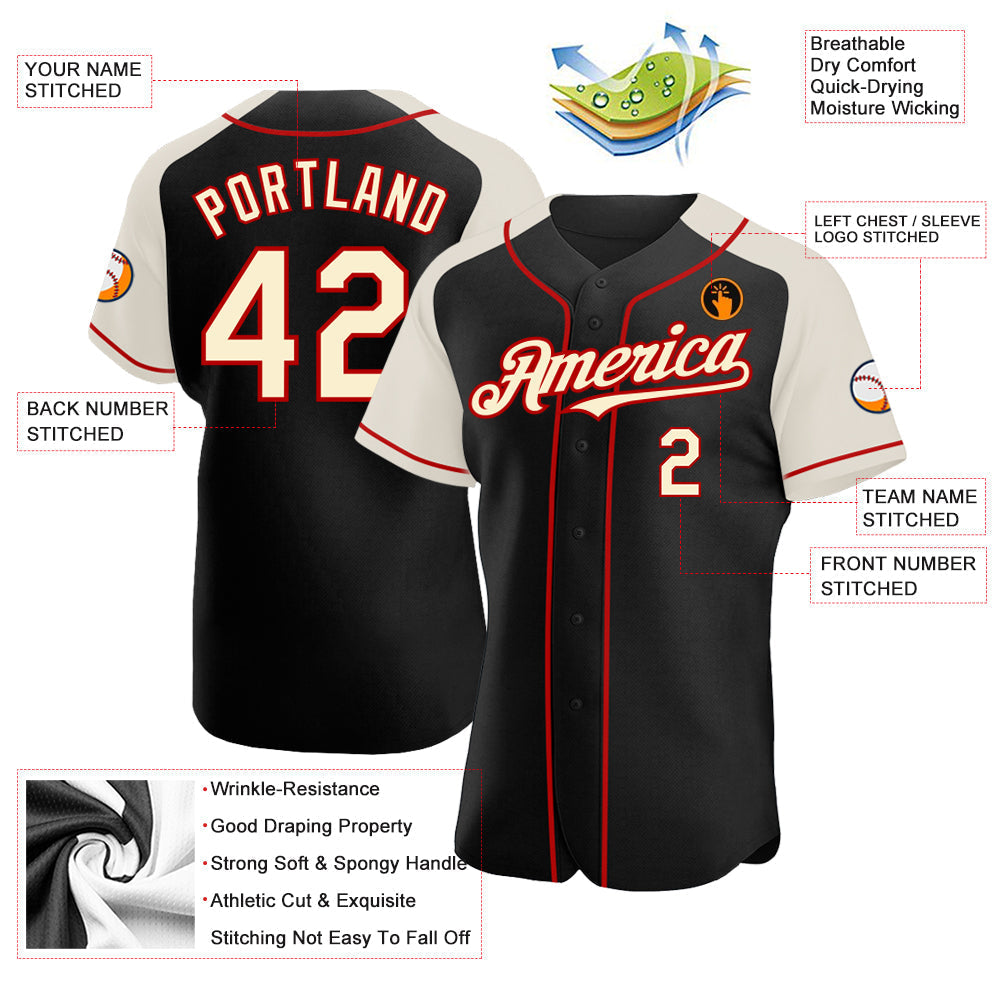 Custom Black Cream-Red Authentic Raglan Sleeves Baseball Jersey baseball jersey product view 3