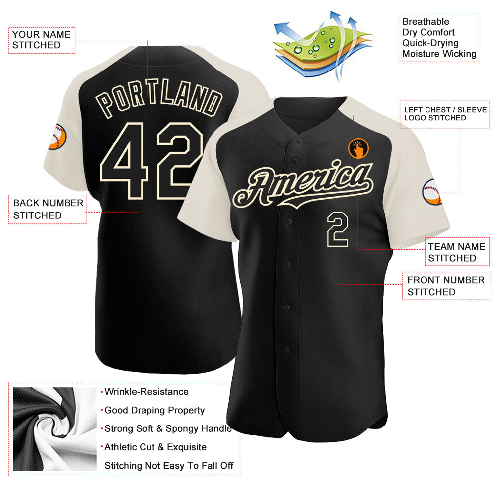 Custom Black Cream Authentic Raglan Sleeves Baseball Jersey baseball jersey product view 3