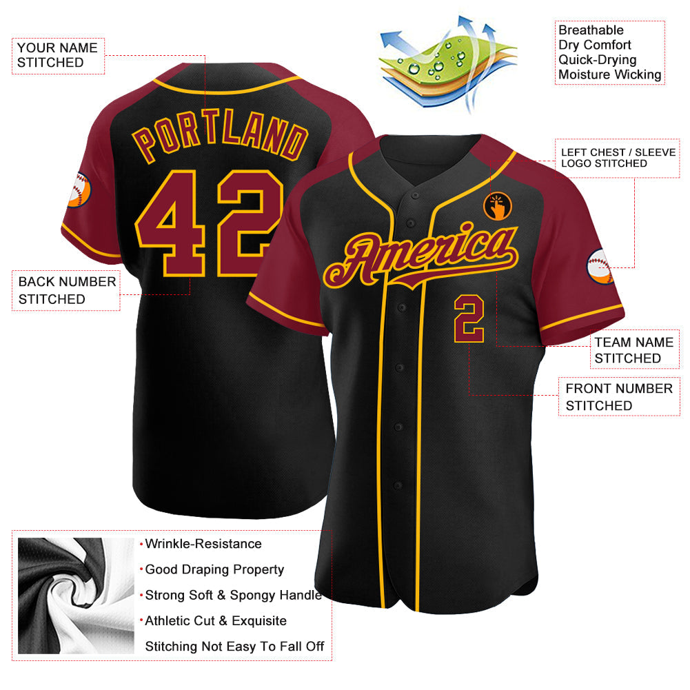 Custom Black Crimson-Gold Authentic Raglan Sleeves Baseball Jersey baseball jersey product view 3