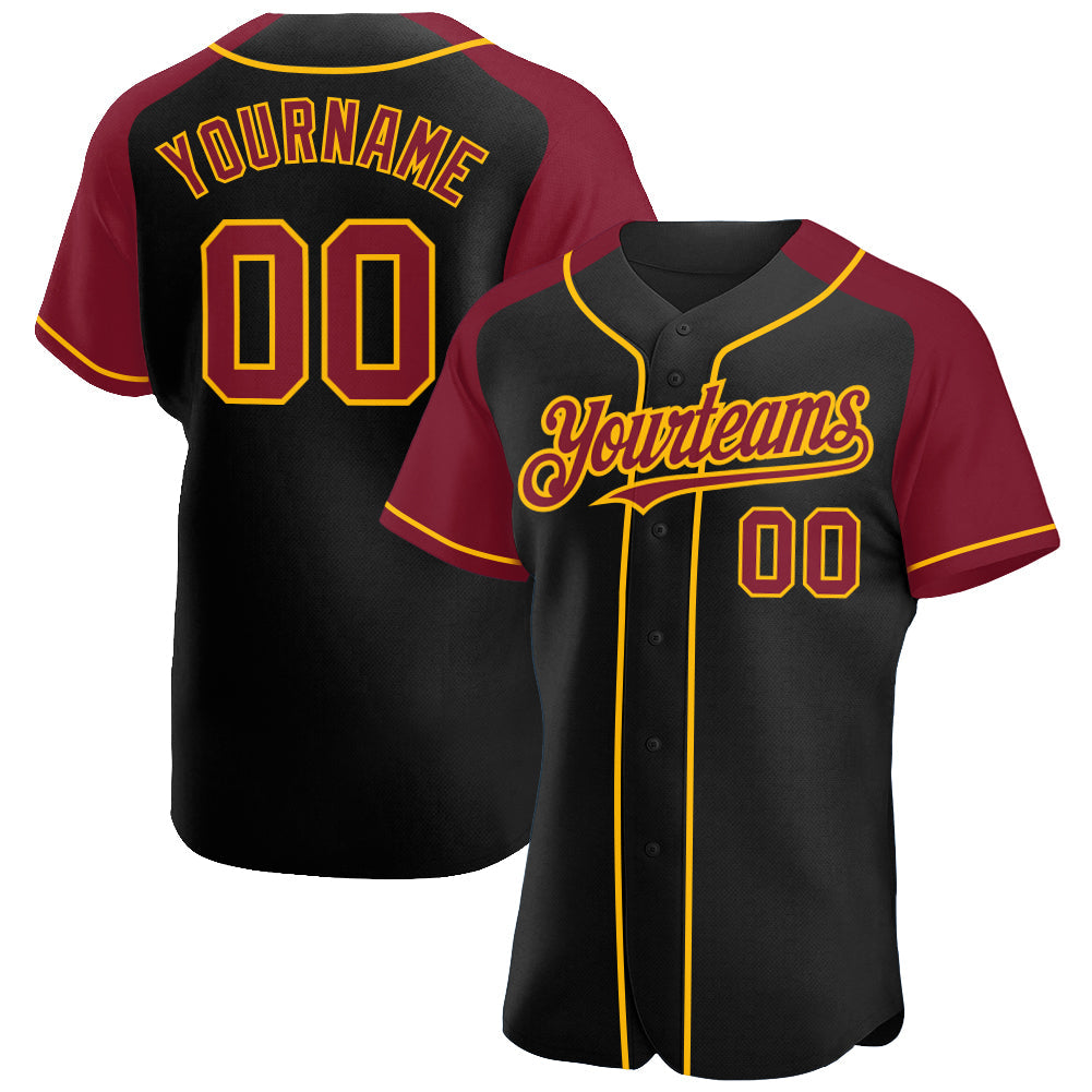Custom Black Crimson-Gold Authentic Raglan Sleeves Baseball Jersey baseball jersey product view 1