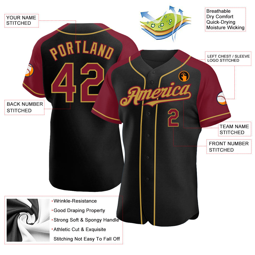 Custom Black Crimson-Old Gold Authentic Raglan Sleeves Baseball Jersey baseball jersey product view 3