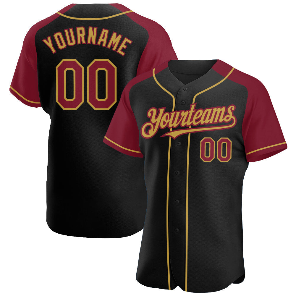 Custom Black Crimson-Old Gold Authentic Raglan Sleeves Baseball Jersey baseball jersey product view 1