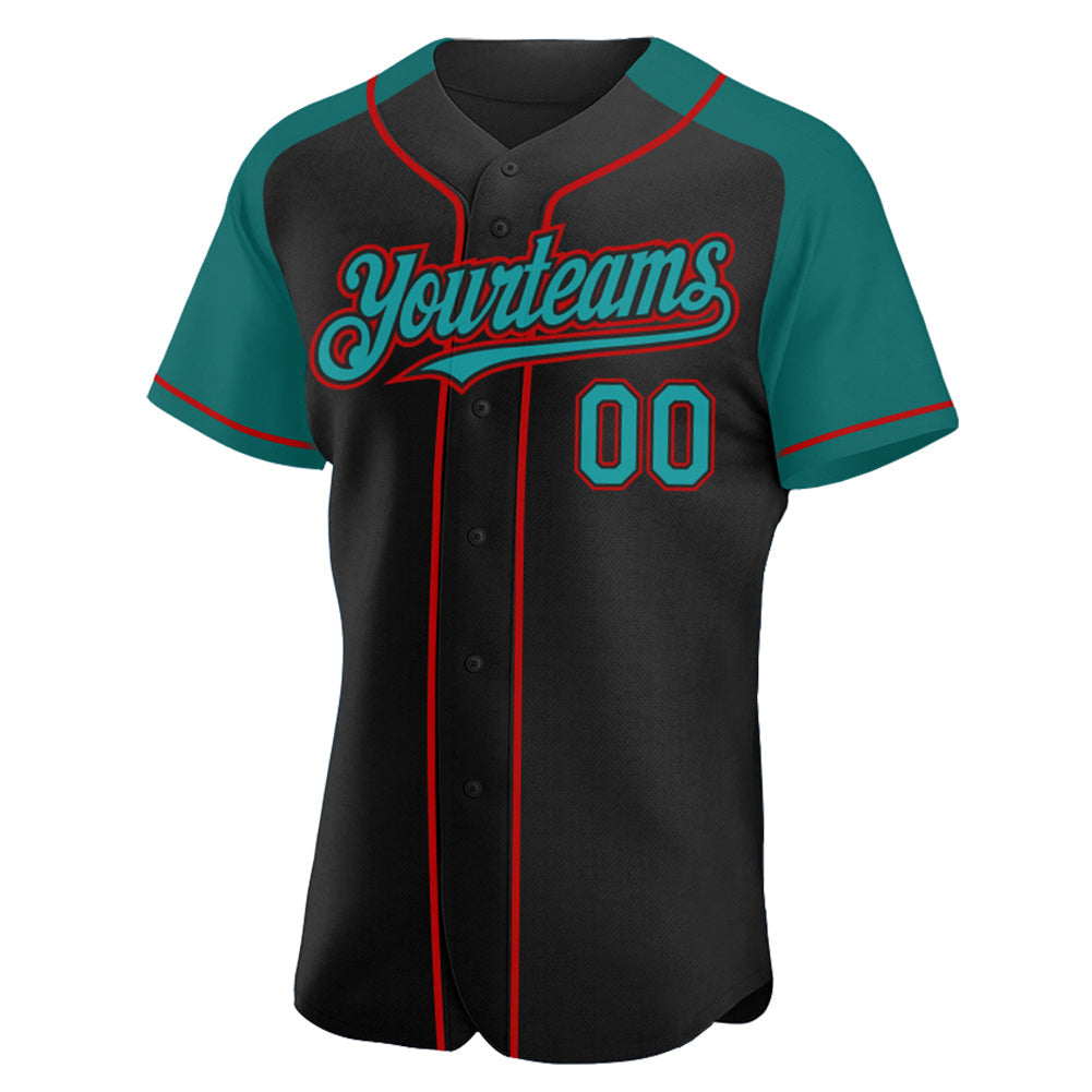 Custom Black Teal-Red Authentic Raglan Sleeves Baseball Jersey baseball jersey product view 2