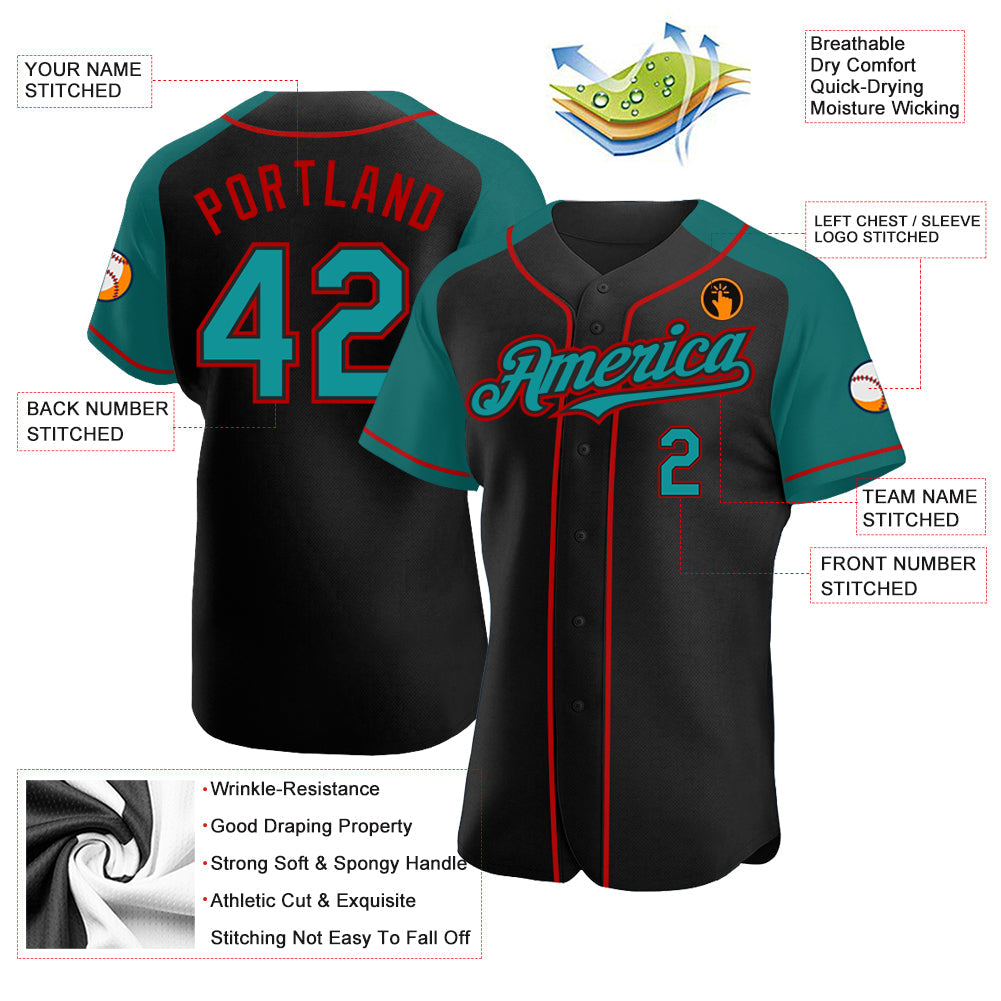 Custom Black Teal-Red Authentic Raglan Sleeves Baseball Jersey baseball jersey product view 3