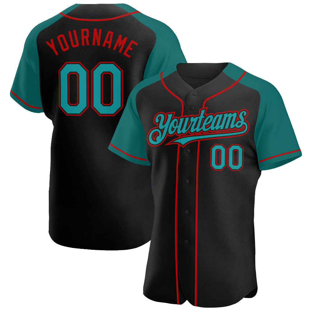 Custom Black Teal-Red Authentic Raglan Sleeves Baseball Jersey baseball jersey product view 1