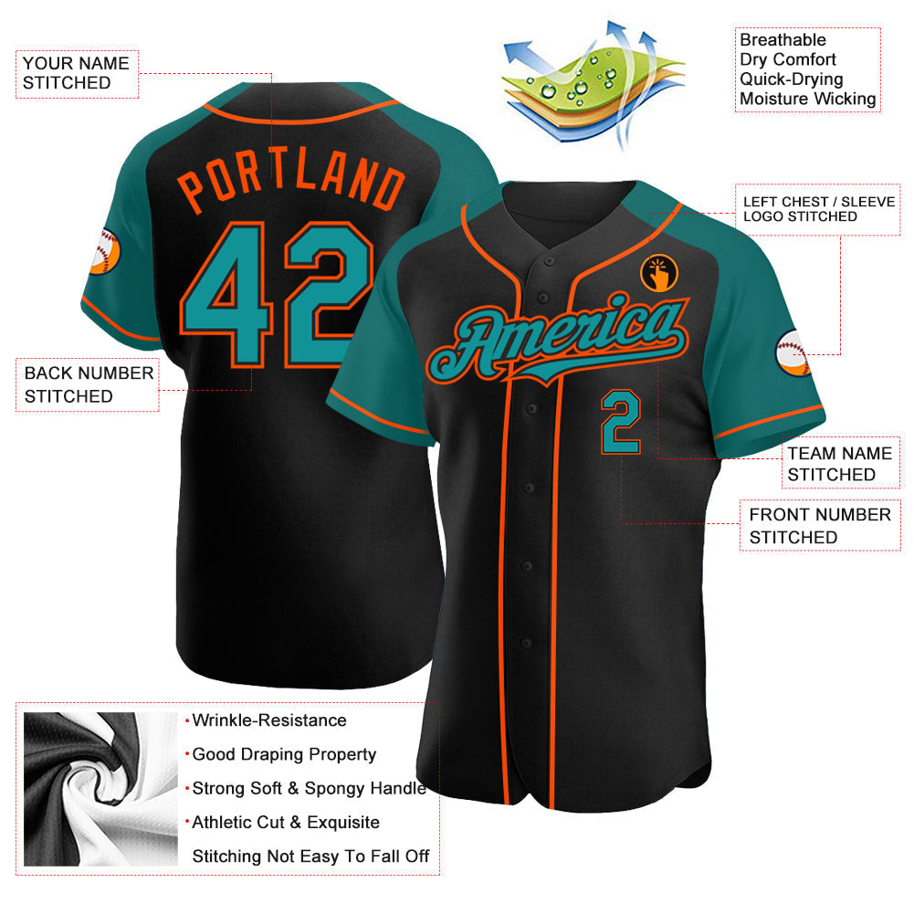 Custom Black Teal-Orange Authentic Raglan Sleeves Baseball Jersey baseball jersey product view 3