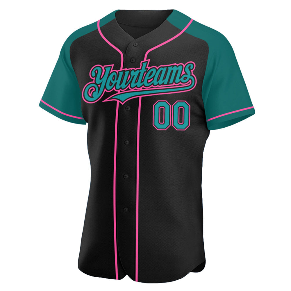 Custom Black Teal-Pink Authentic Raglan Sleeves Baseball Jersey baseball jersey product view 2