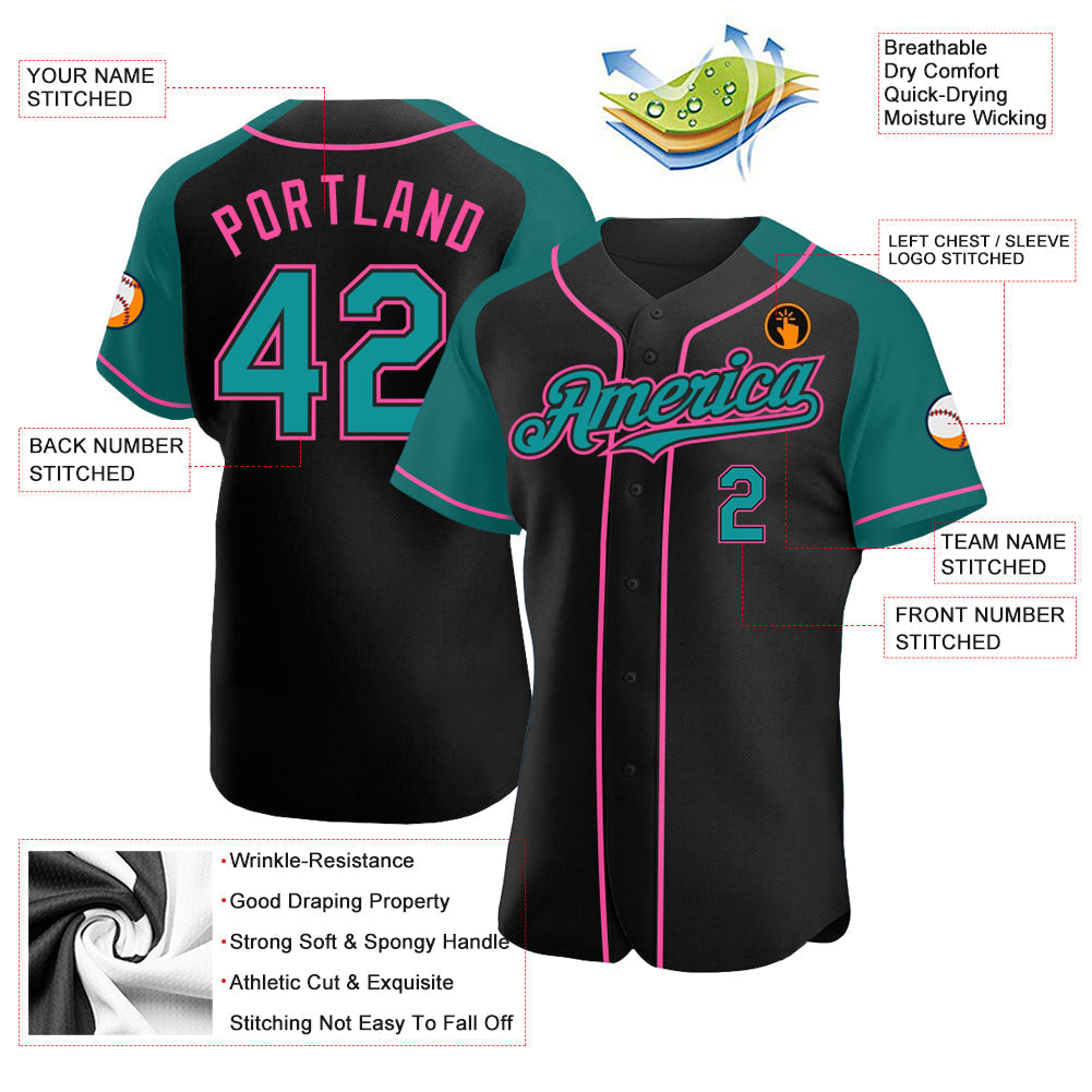 Custom Black Teal-Pink Authentic Raglan Sleeves Baseball Jersey baseball jersey product view 3