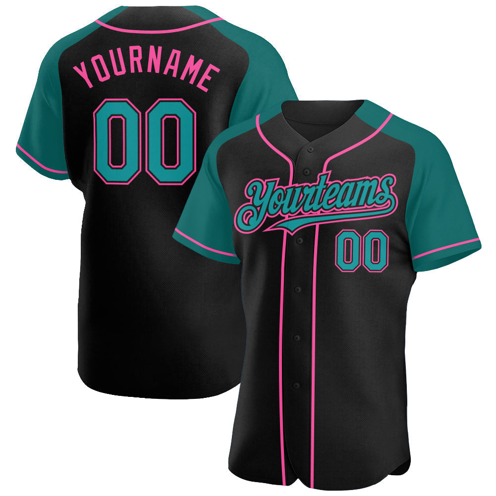 Custom Black Teal-Pink Authentic Raglan Sleeves Baseball Jersey baseball jersey product view 1
