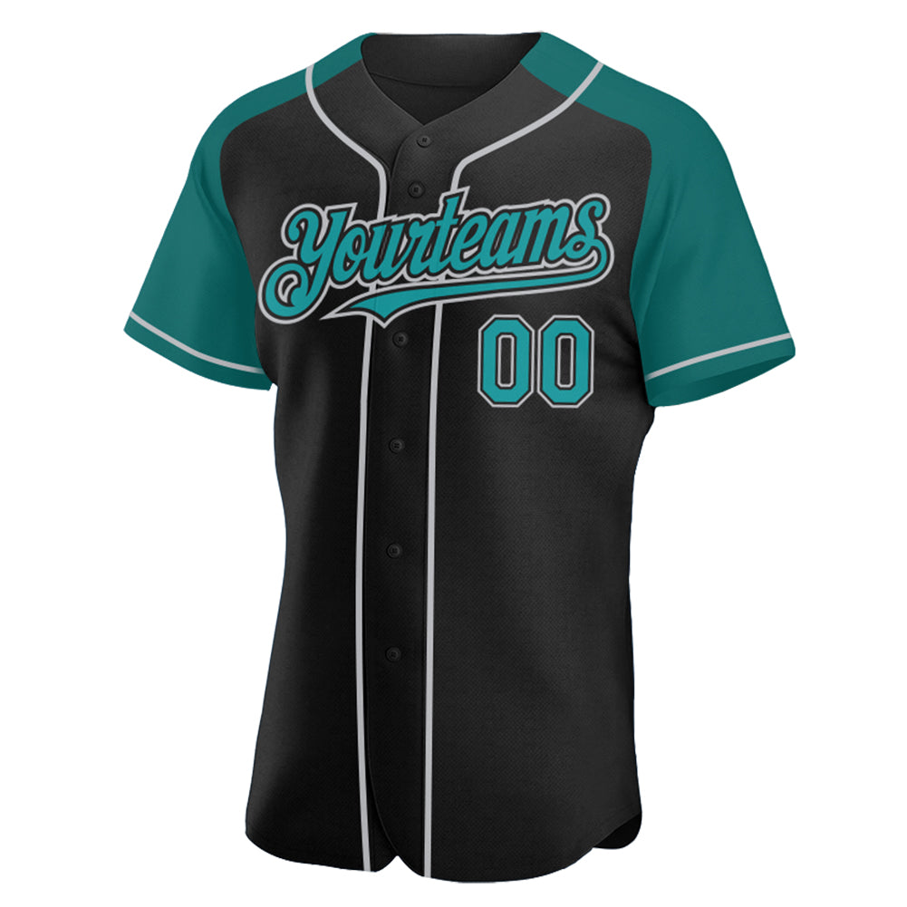 Custom Black Teal-Gray Authentic Raglan Sleeves Baseball Jersey baseball jersey product view 2